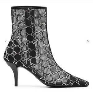 Gucci Demi Crystal GG Logo Mesh Pointed Toe Ankle Boot Black 85mm